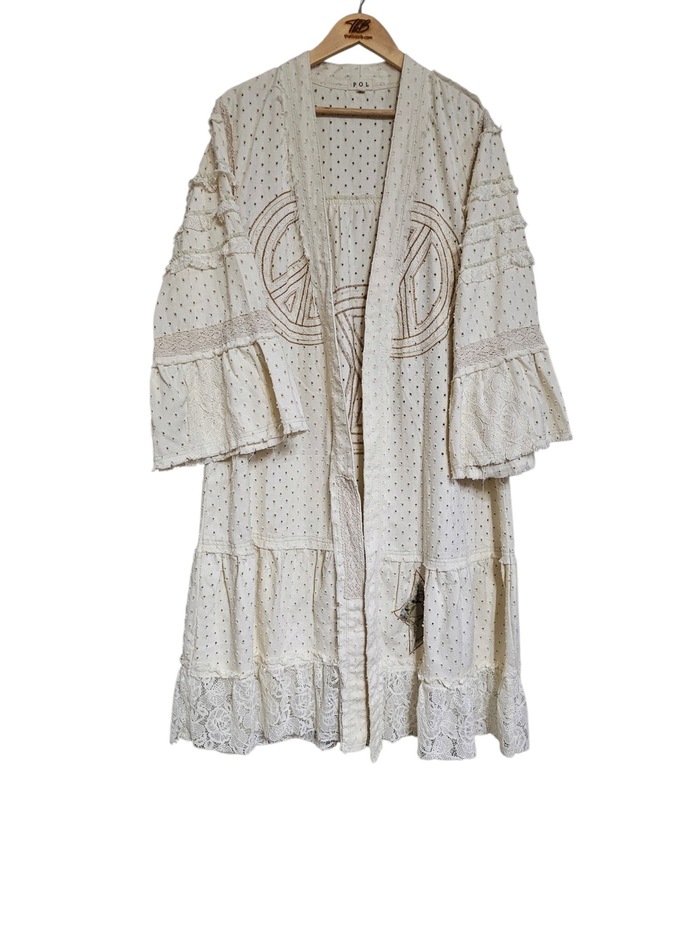 POL Cream Denim And Lace Open-Front Tiered Boho Duster - Picture 3 of 6